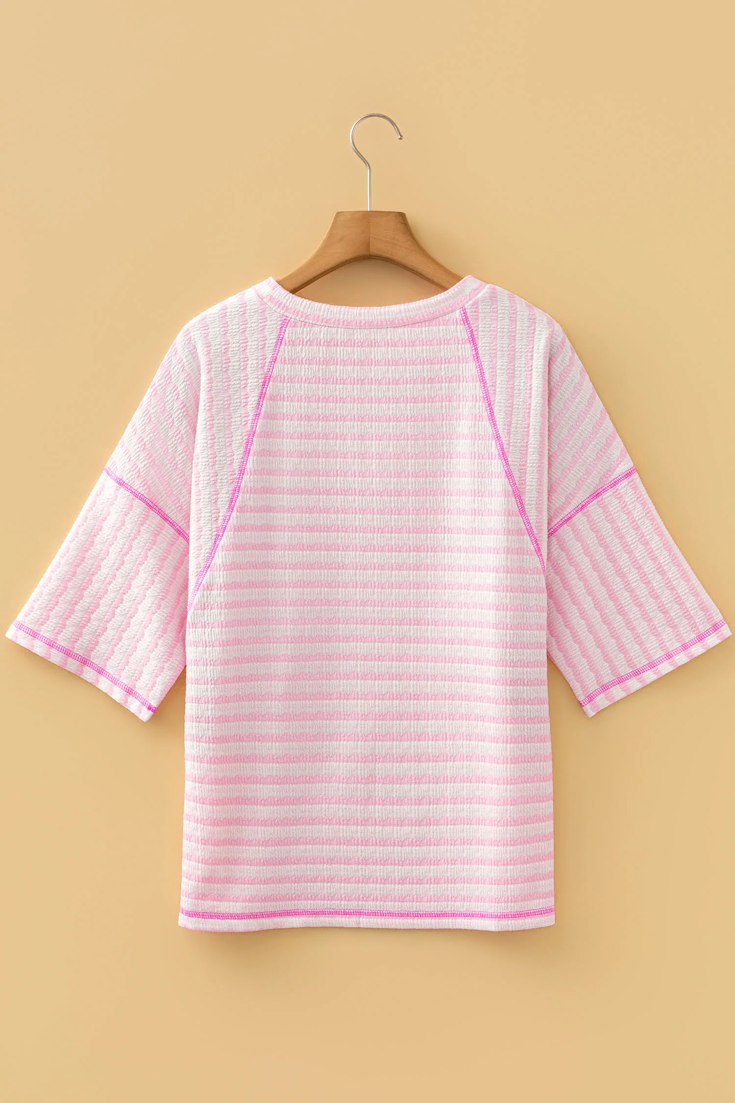 Noelle Textured Knit Split Hem Half Sleeve Loose Top - Pink - Image 5