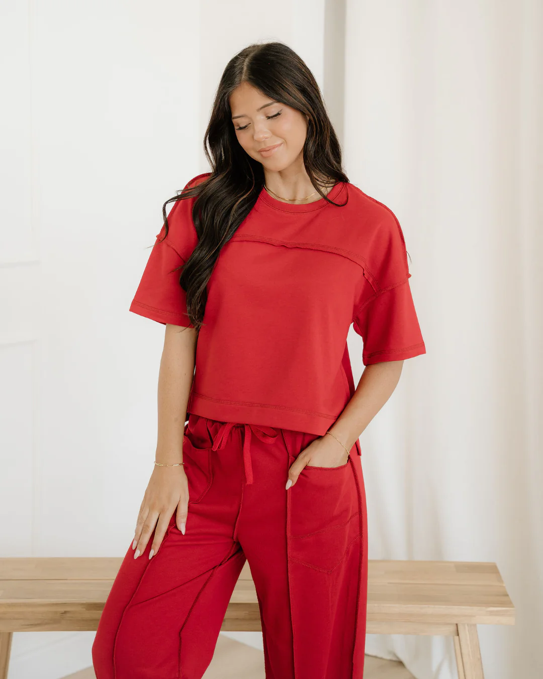 Drop Shoulder Boxy Tee and Barrel Pants Set  - Racing Red - Image 3