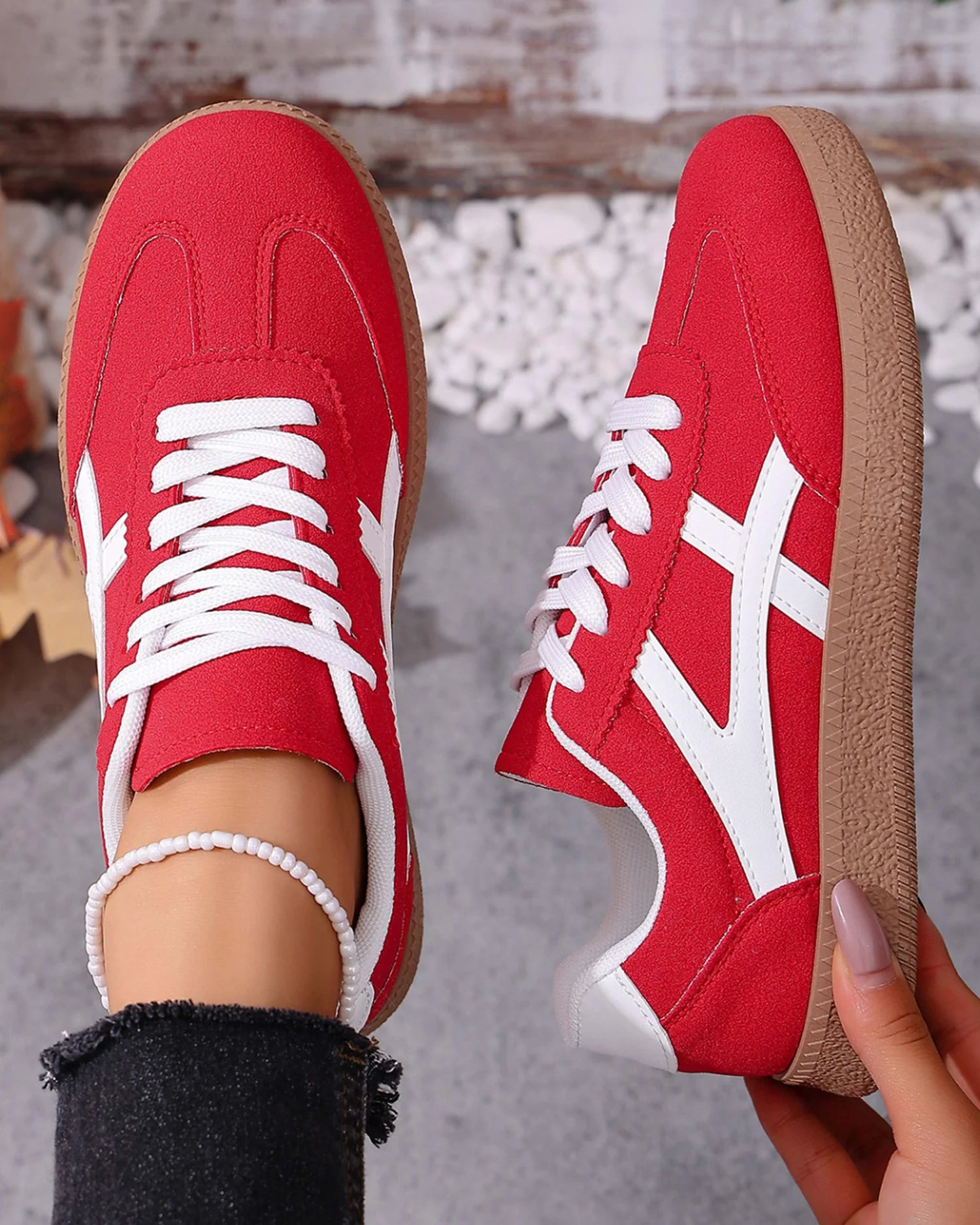 Alayah Faux Suede Contrast Patchwork Detail Lace Up Flat Sneakers - Image 2