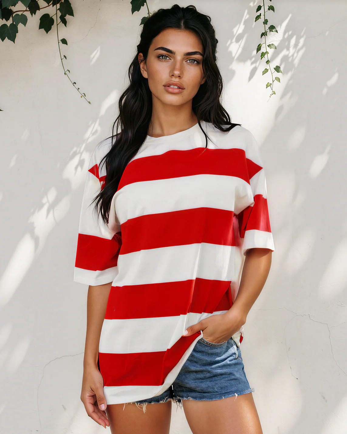 Landry Striped Color Block Oversize Tunic Tee - Red