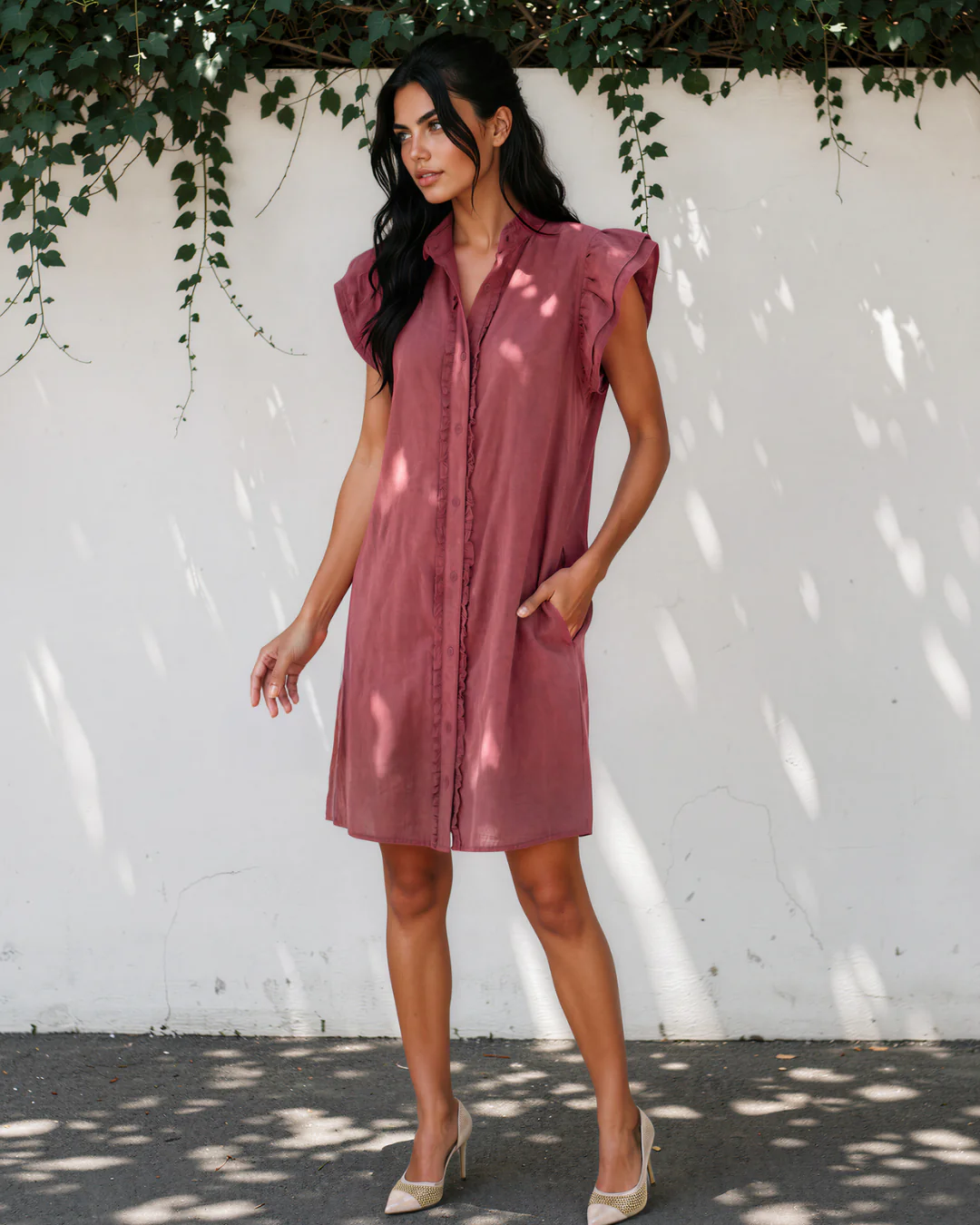 Nellie Frilled Detail Button Down Ruffle Short Sleeve Denim Mini Dress - Red - Image 2