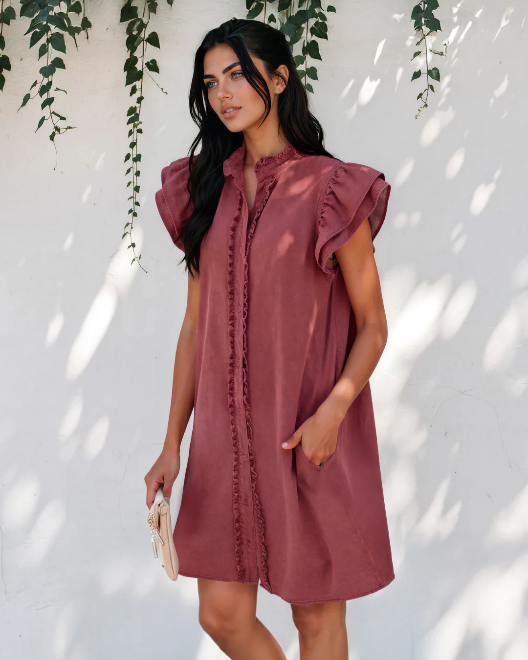 Nellie Frilled Detail Button Down Ruffle Short Sleeve Denim Mini Dress - Red - Image 3