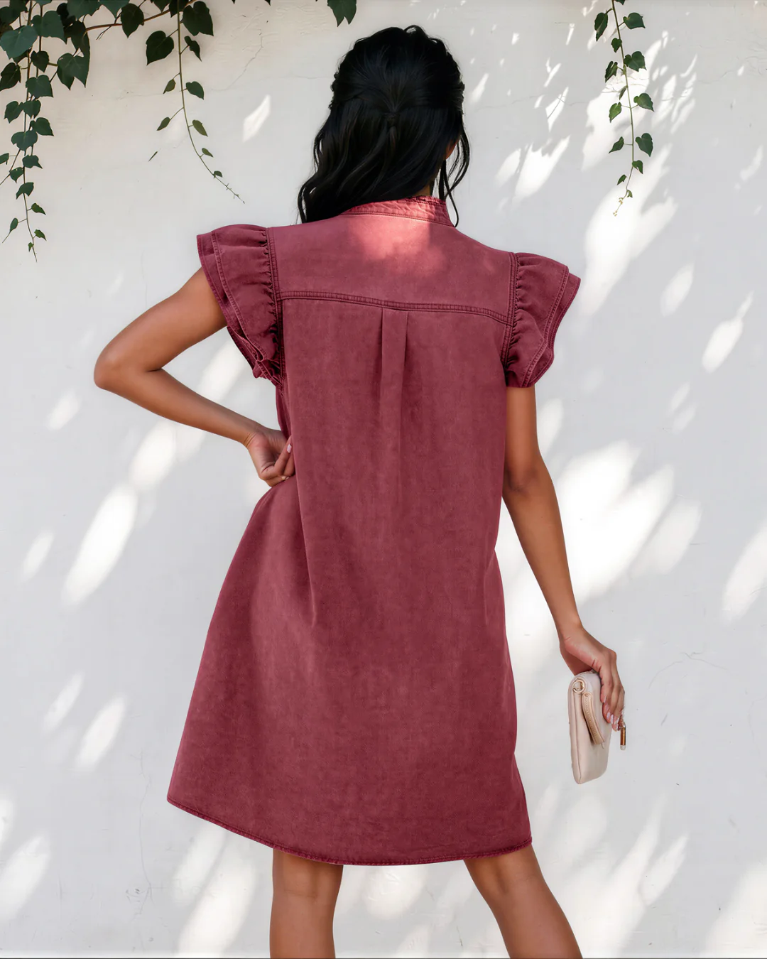 Nellie Frilled Detail Button Down Ruffle Short Sleeve Denim Mini Dress - Red - Image 4