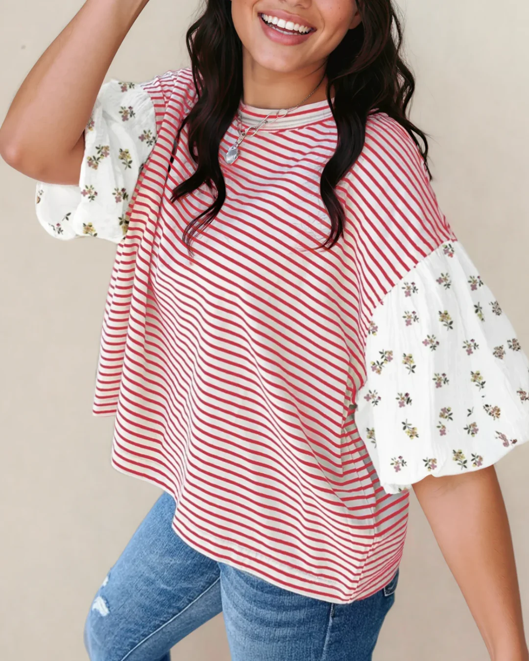 Aviva Puff Sleeve Patchwork Round Neck Loose Top - Red - Image 2