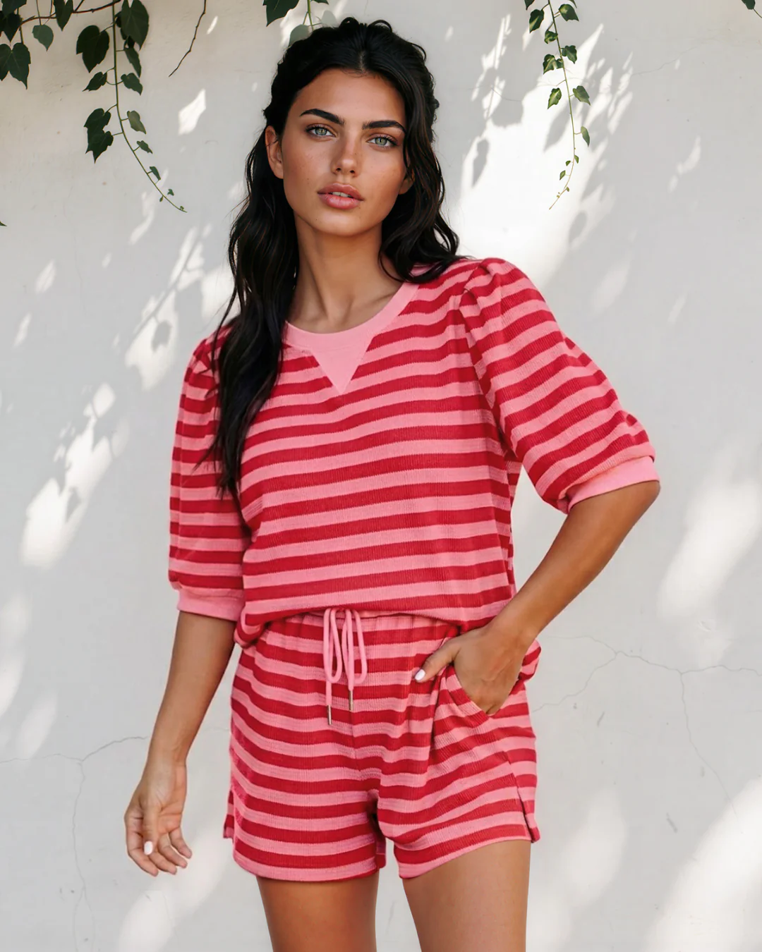 Sweet Escape Lounge Set Stripe Puff Short Sleeve T Shirt Matching Shorts Set - Red