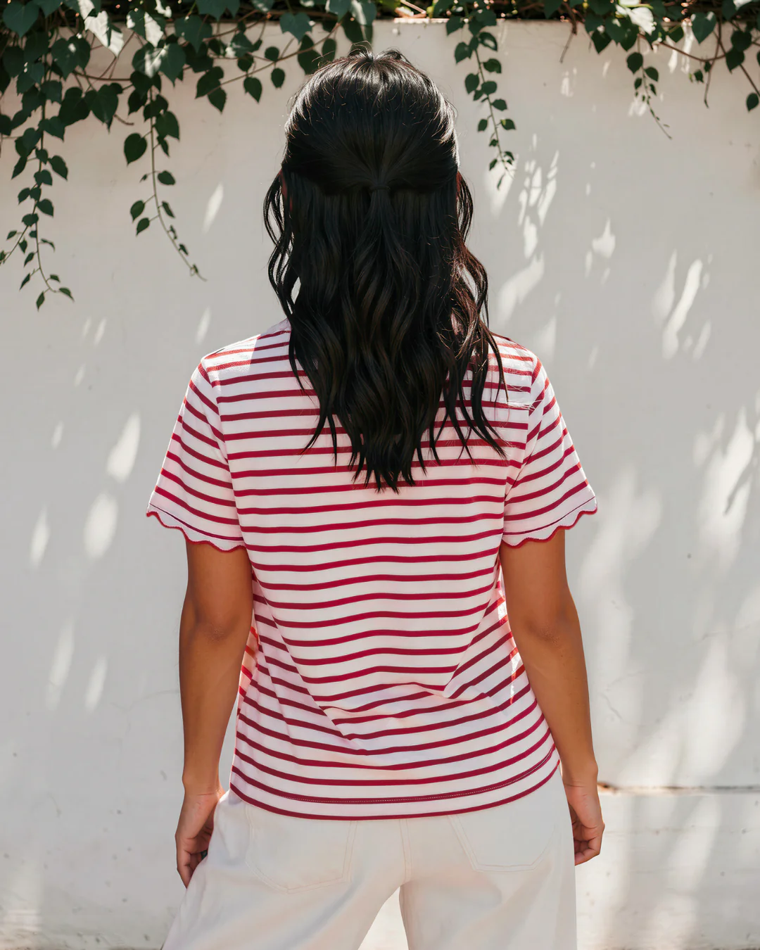 Collette Stripe Scalloped Trim Round Neck T Shirt - Red - Image 3