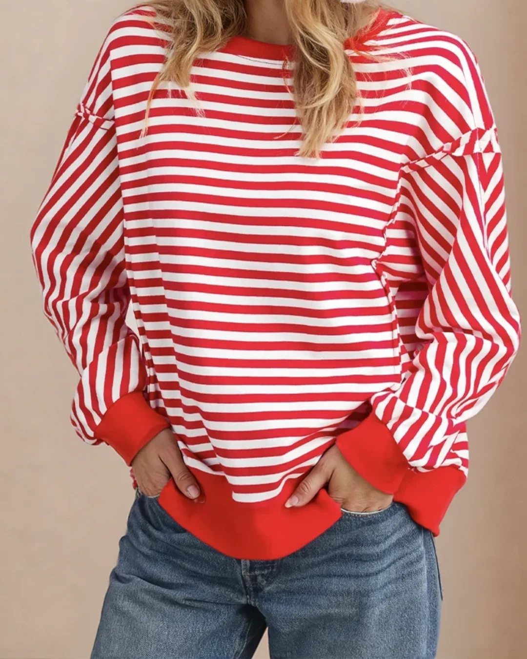 Annie Exposed Seam Drop Shoulder Long Sleeve Top - Red - Image 3