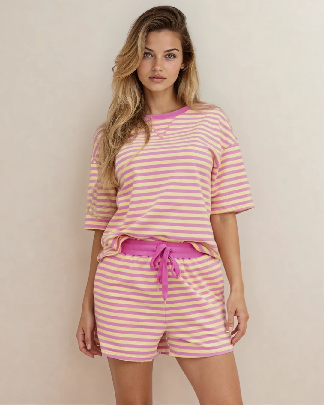 Elsa Stripe Drop Shoulder Boxy Casual Terry Short Set - Sherbet - Image 2