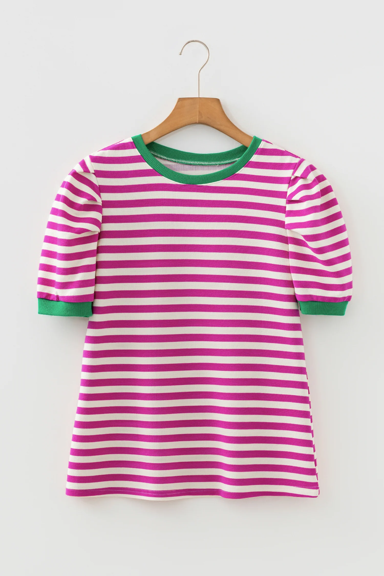 Kimberly Stripe Short Puff Sleeve Contrast Trim Round Neck Tee - Image 2