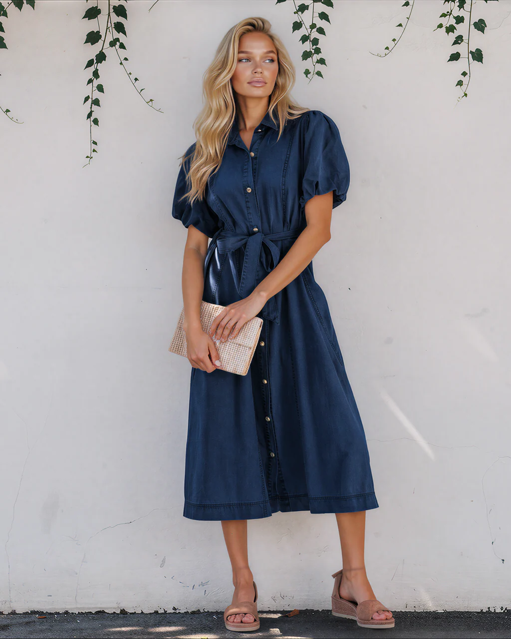 Giselle Full Buttons Collared Short Bubble Sleeve Long Denim Dress - Dark Wash