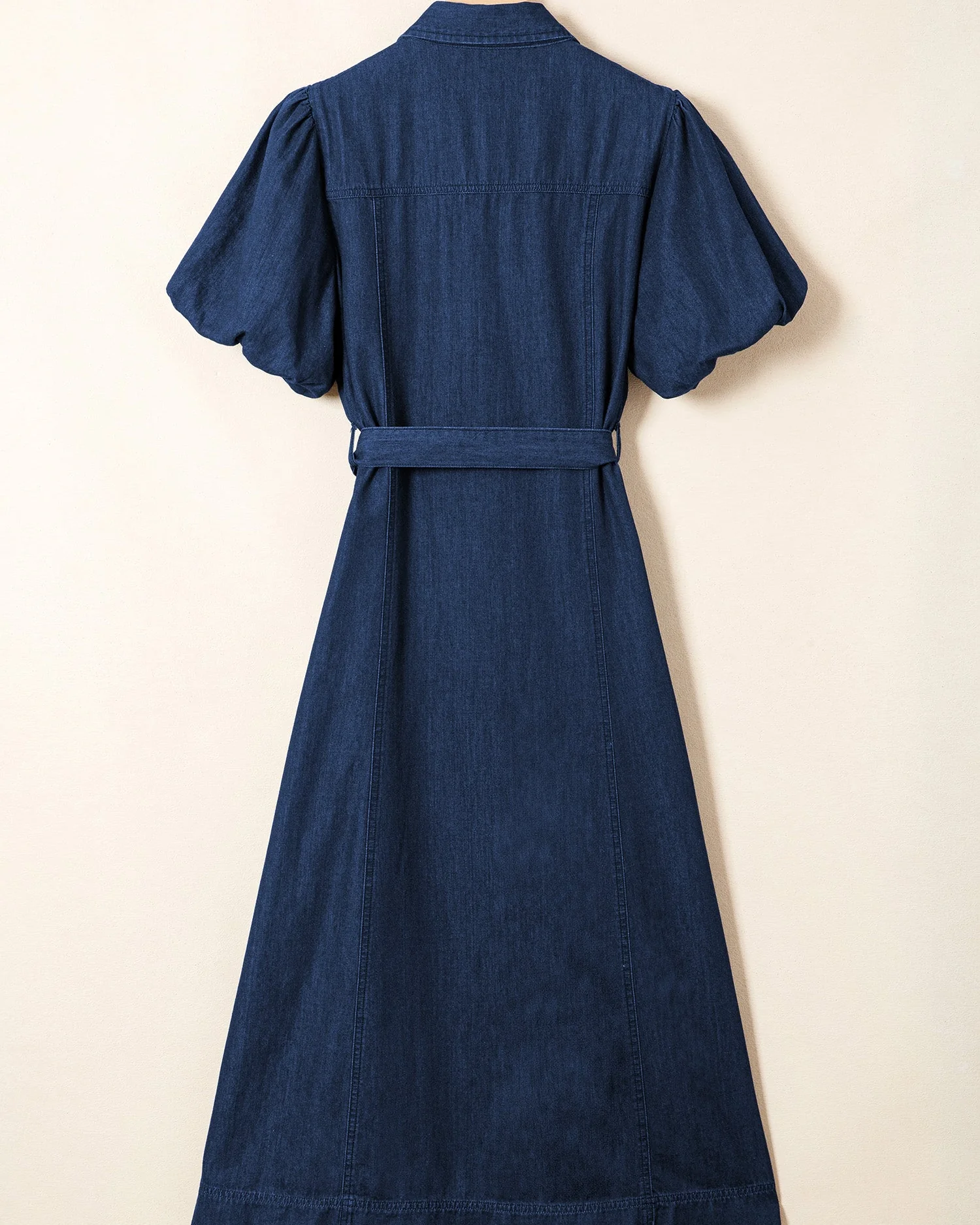 Giselle Full Buttons Collared Short Bubble Sleeve Long Denim Dress - Dark Wash - Image 6