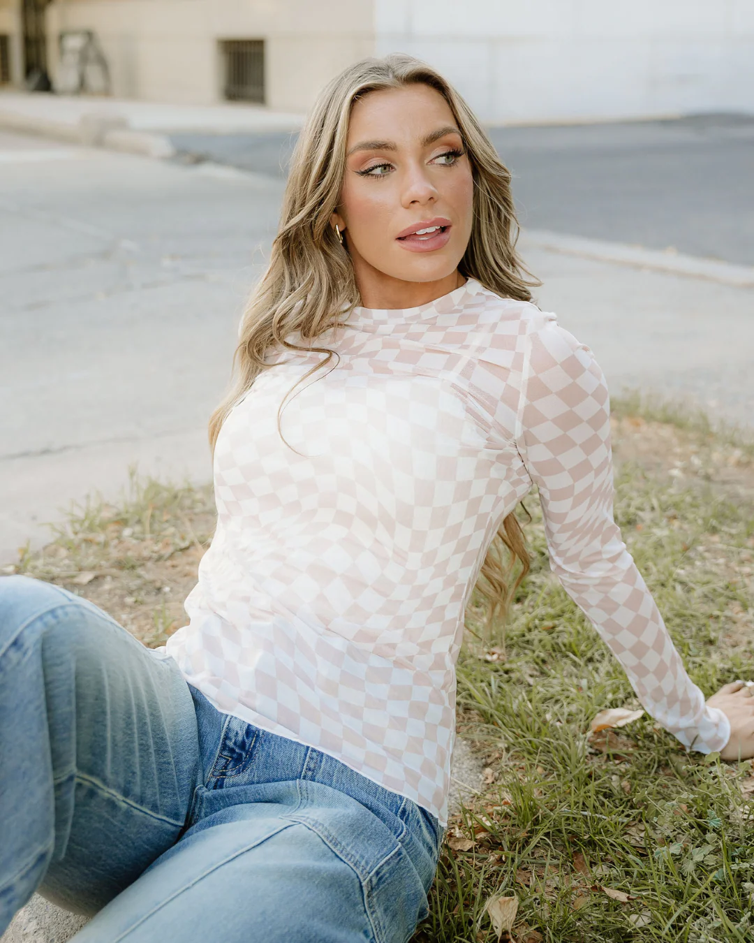 Sheer Checkered Top - Khaki - Image 3