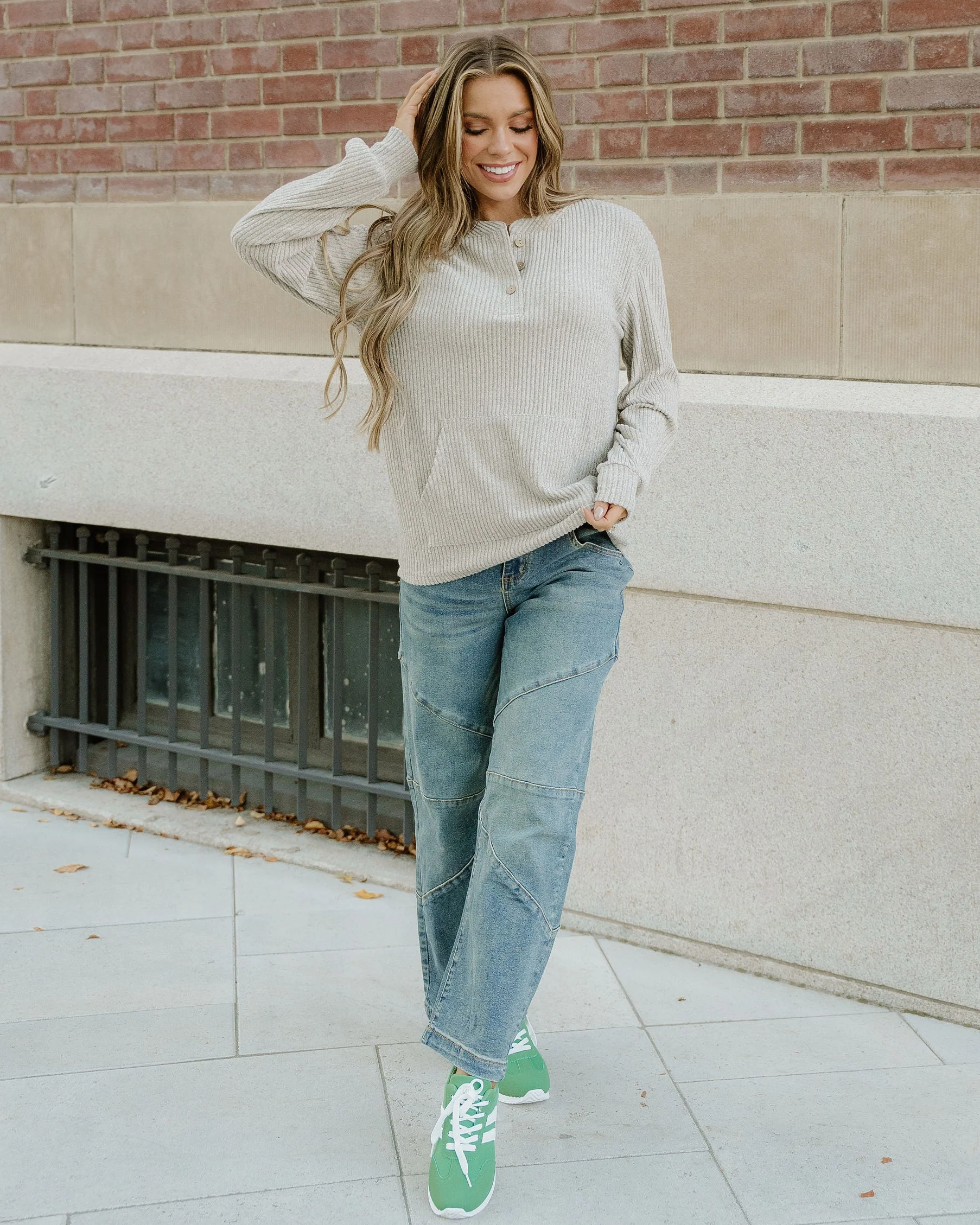 Addison Ribbed Texture Drop Shoulder Henley Knit Top - Image 4