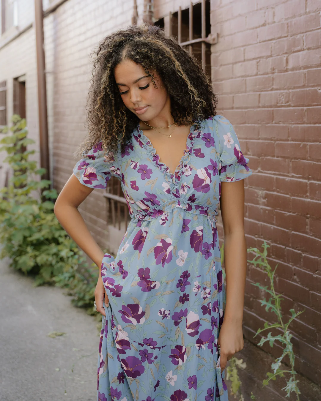 Haisley Fiery Floral Print Frilled V Neck Short Sleeve Maxi Dress - Blue - Image 3