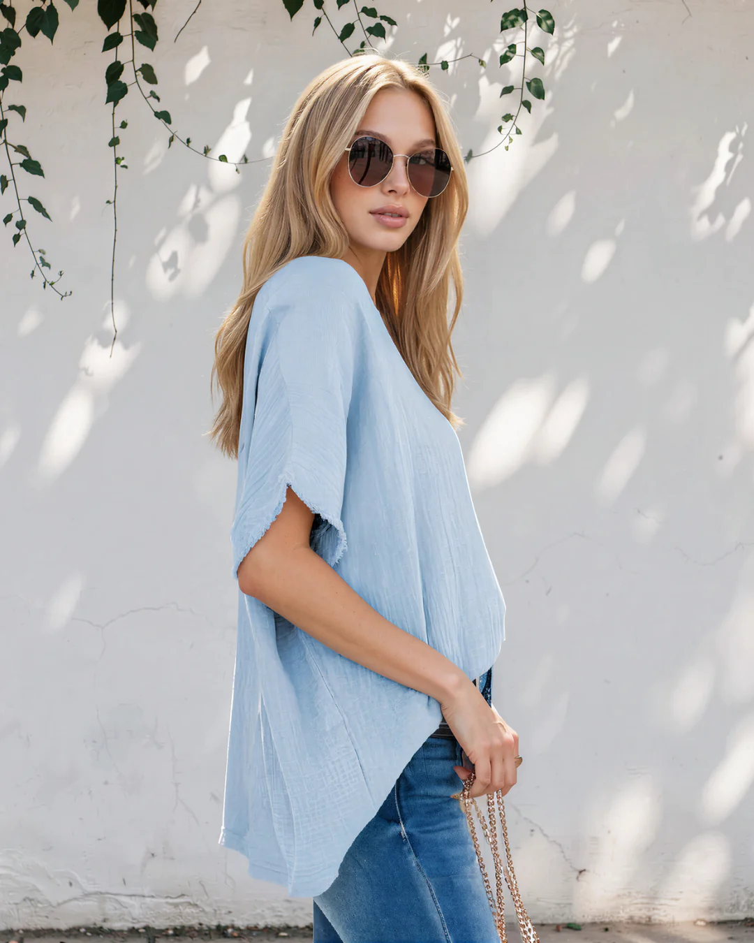 Capri Frayed Batwing Sleeve Textured Cotton Blouse - Blue - Image 3