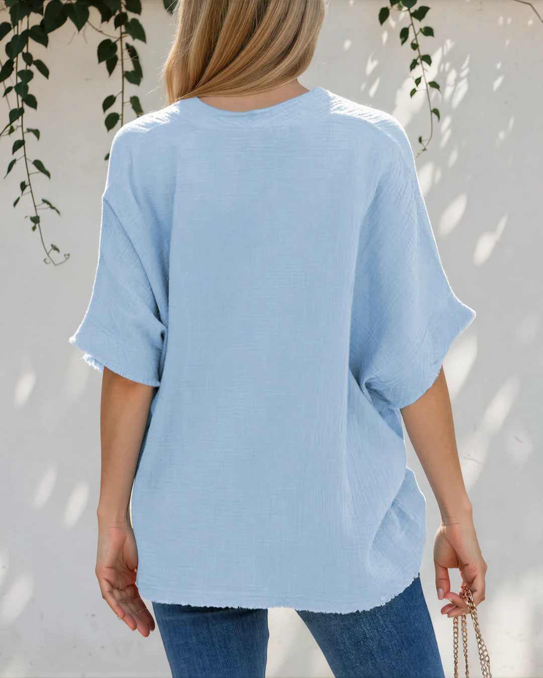 Capri Frayed Batwing Sleeve Textured Cotton Blouse - Blue - Image 4