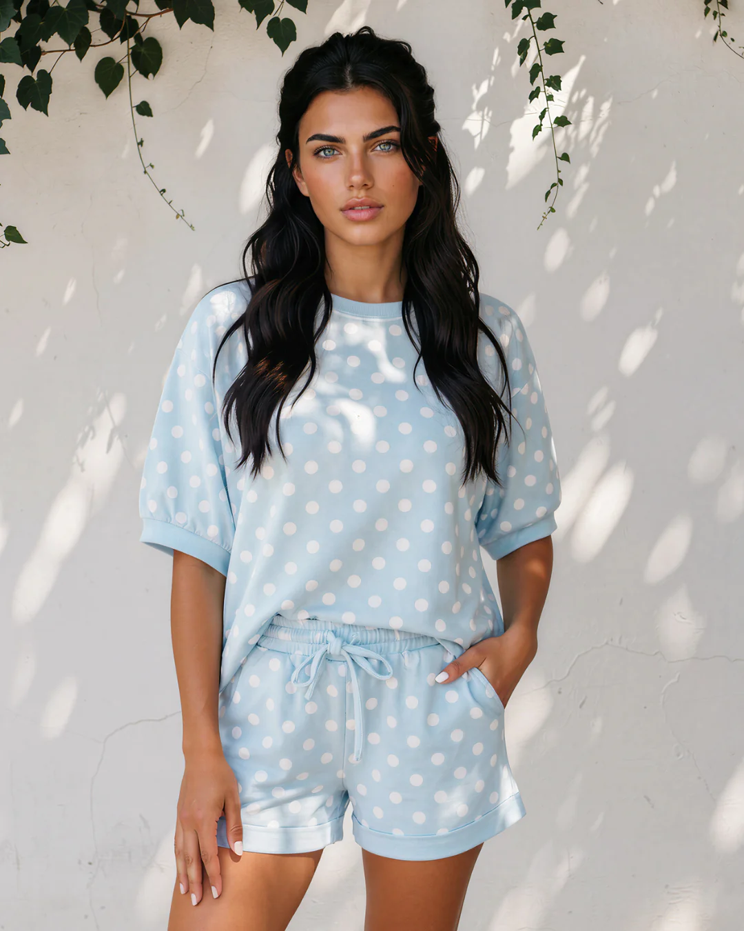 Sunday Slowdown Set Polka Dot Oversized Top Drawstring Short Set - Sky Blue