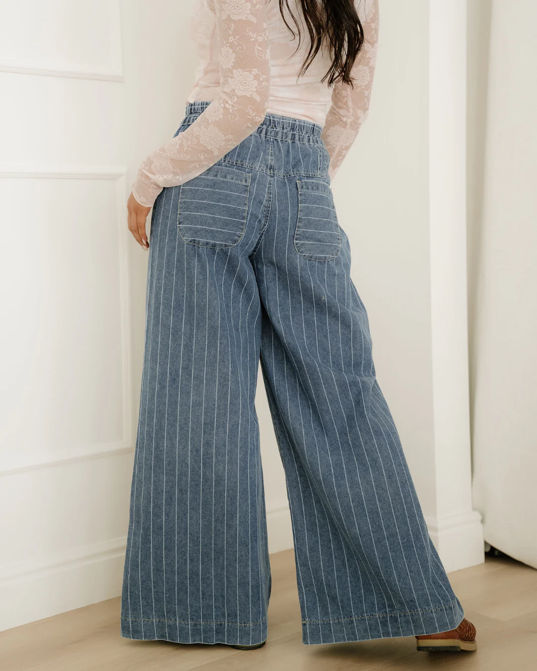 Cora Stripe Button Pleated Drawstring Waist Casual Wide Leg Jeans - Image 10