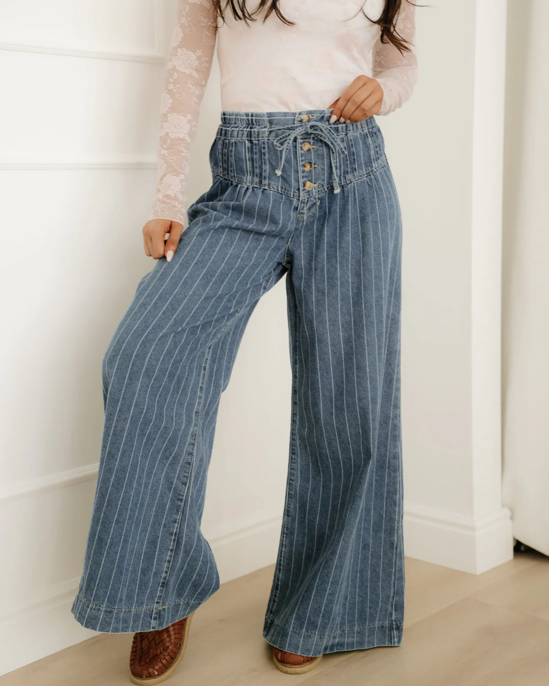 Cora Stripe Button Pleated Drawstring Waist Casual Wide Leg Jeans - Image 6