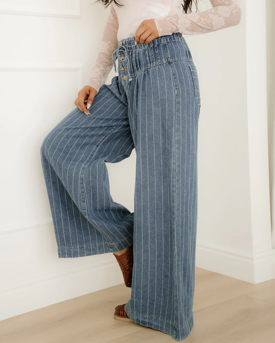 Cora Stripe Button Pleated Drawstring Waist Casual Wide Leg Jeans - Image 7