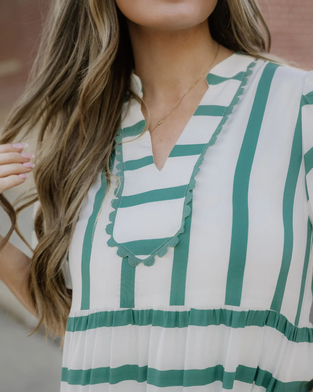 Tiffany Stripe Ricrac Trim Notched Neck Half Sleeve Vacation Dress - Image 12