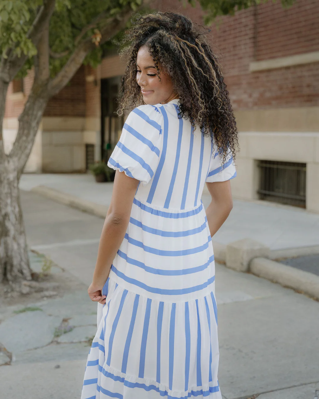 Tiffany Stripe Ricrac Trim Notched Neck Half Sleeve Vacation Dress - Image 5