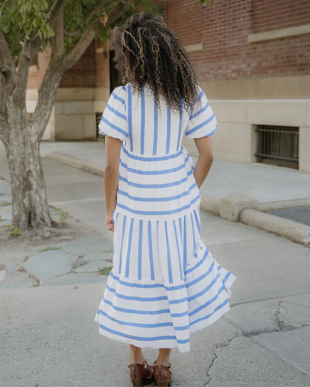 Tiffany Stripe Ricrac Trim Notched Neck Half Sleeve Vacation Dress - Image 6