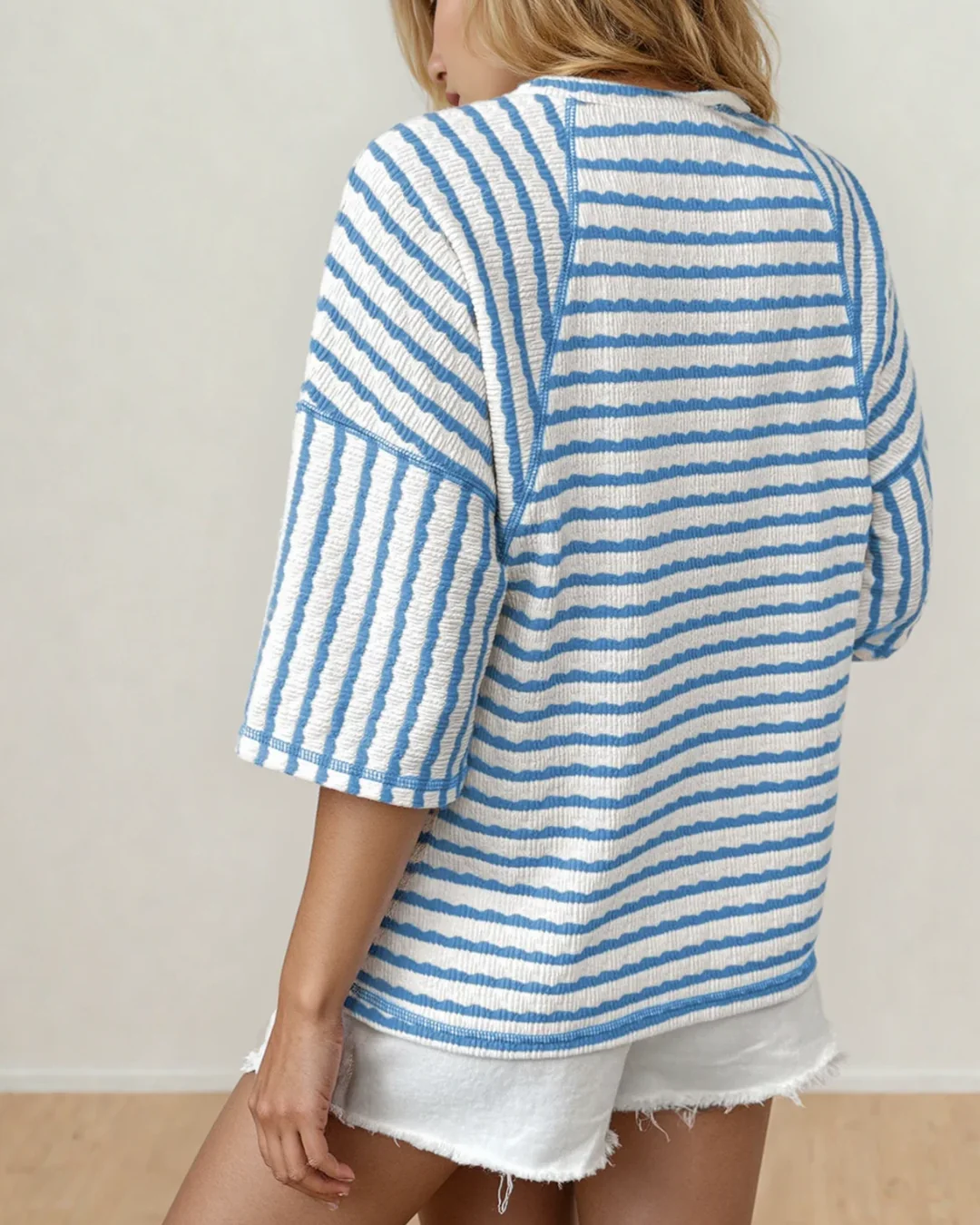 Noelle Textured Knit Split Hem Half Sleeve Loose Top - Sky Blue - Image 3