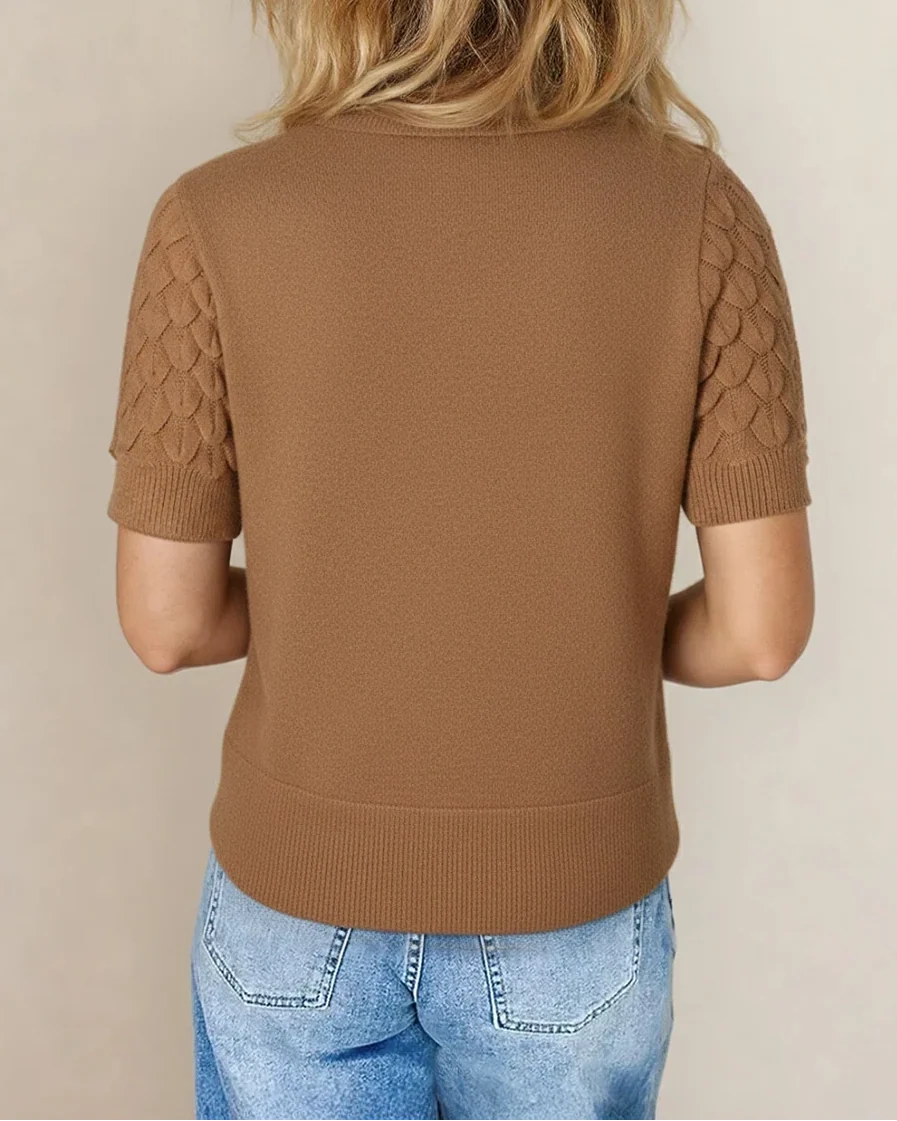 Magnolia Textured Knit Ribbed High Neck Short Sleeve Sweater - Straw - Image 3