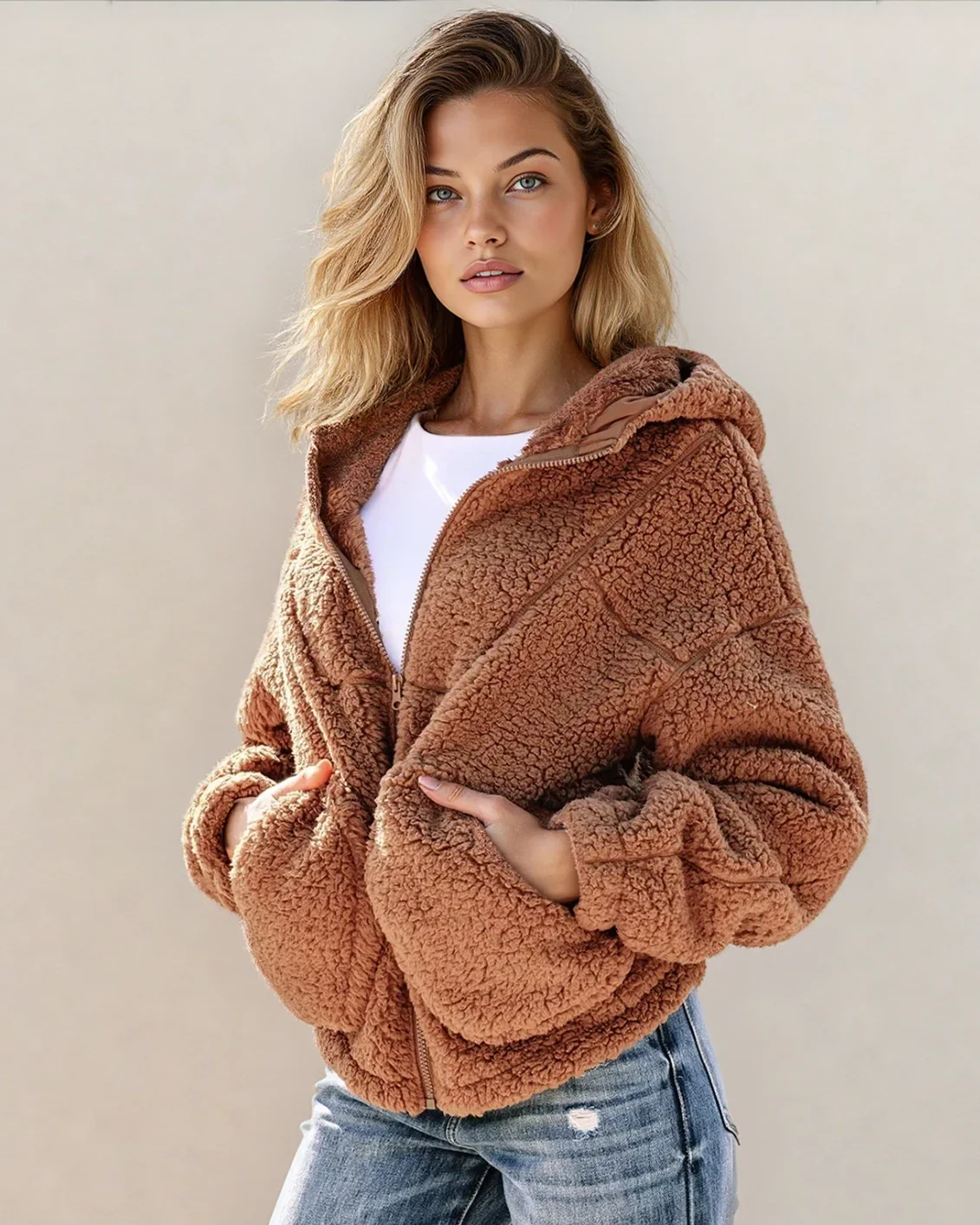 Corrine Zip Up Hooded Sherpa Jacket - Image 3