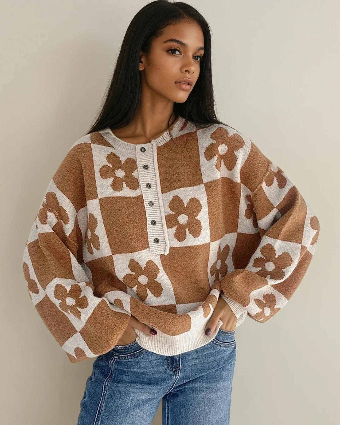 Flower Power Checkered Henley Sweater - Camel