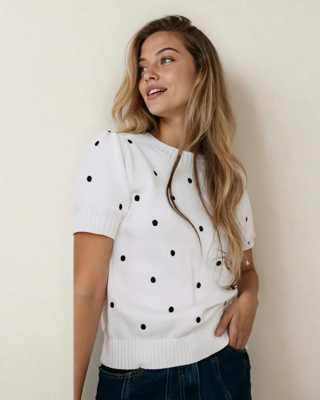 River Polka Dot Bubble Short Sleeve Sweater - White - Image 2