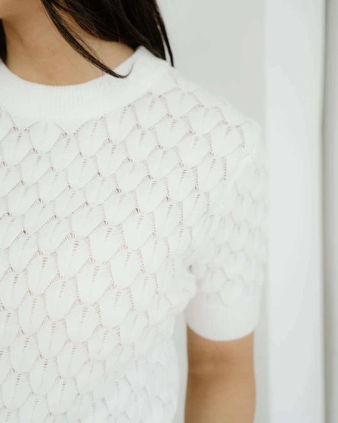 Magnolia Textured Knit Ribbed High Neck Short Sleeve Sweater - White - Image 6