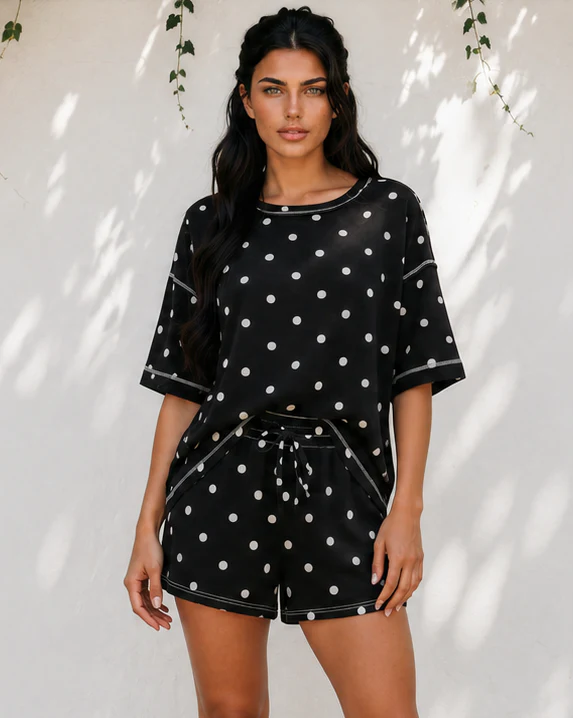Dottie Polka Dot Short Sleeve Loose Top Drawstring Shorts Set - Image 10
