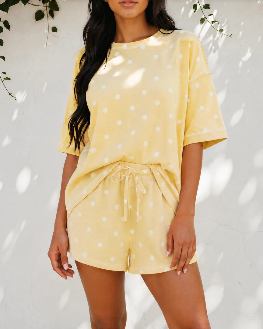 Dottie Polka Dot Short Sleeve Loose Top Drawstring Shorts Set - Image 8