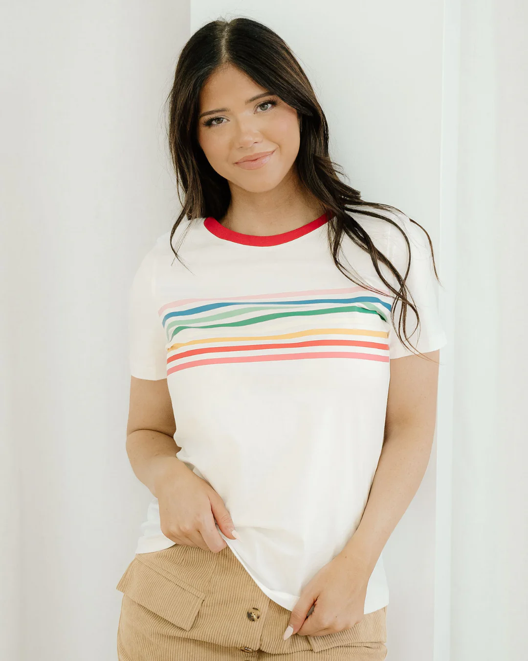 Melanie Rainbow Stripe Print Crewneck T Shirt - Image 2