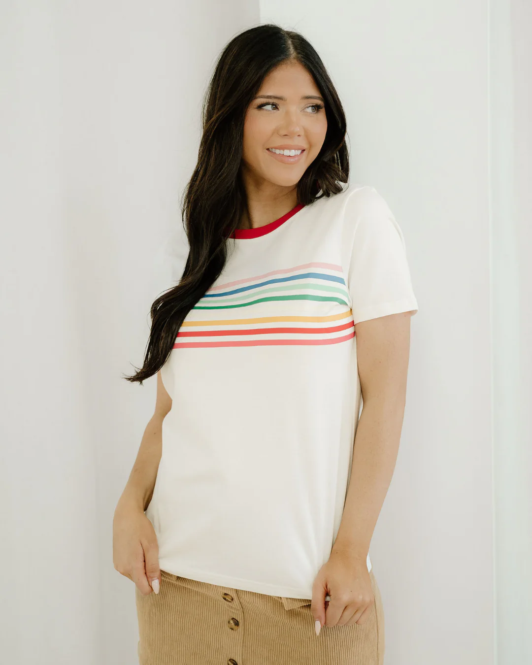 Melanie Rainbow Stripe Print Crewneck T Shirt - Image 3