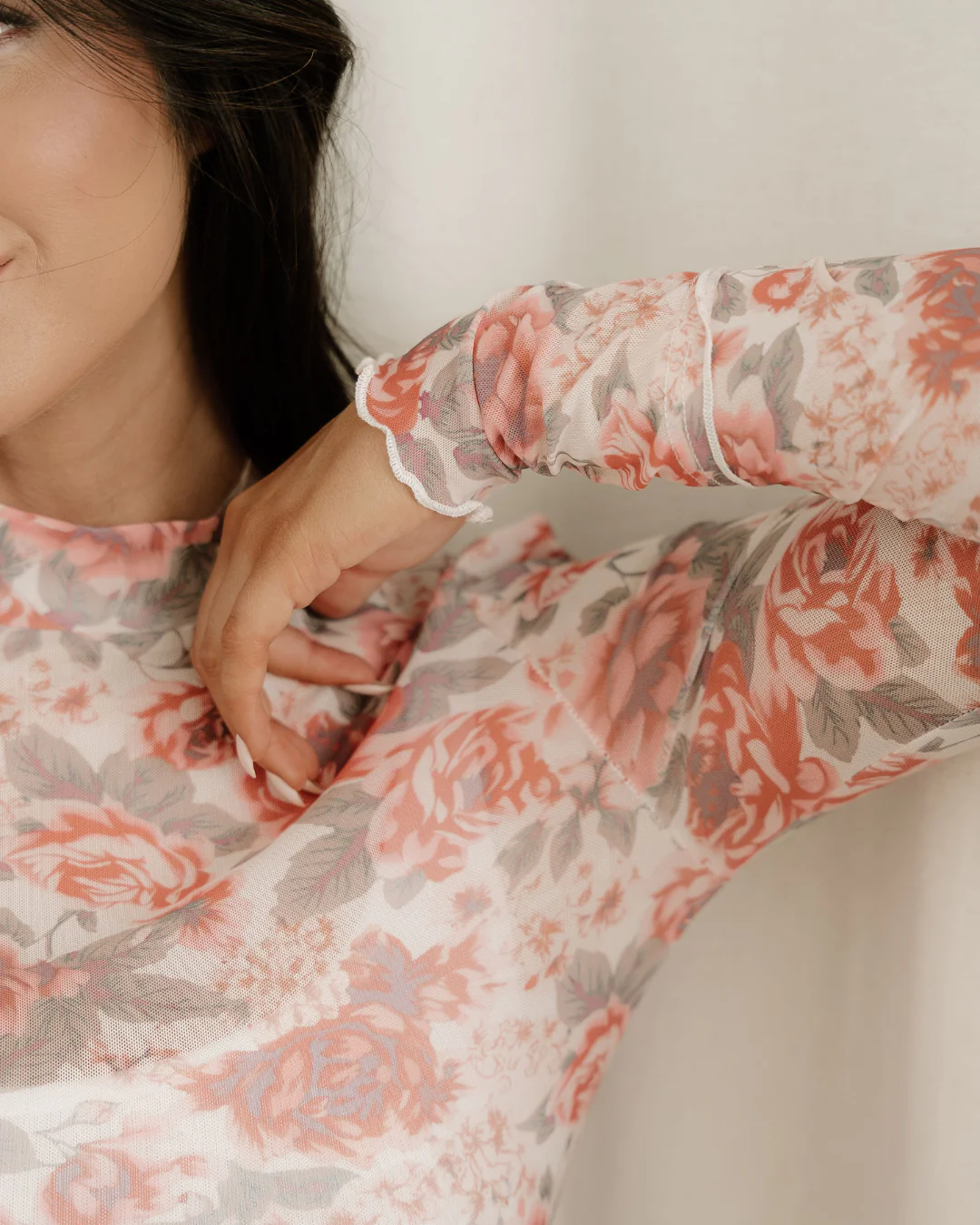 Ophelia Retro Floral Print Mock Neck Mesh Long Sleeve Top - White - Image 4
