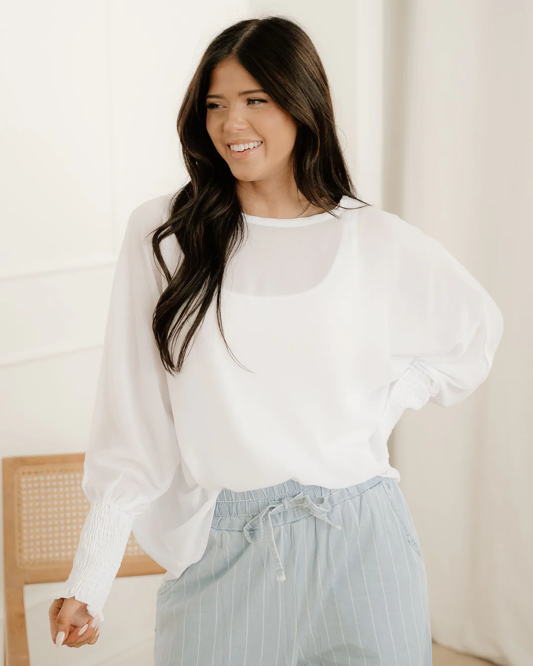 Marley Smocked Cuffs Semi Sheer Long Sleeve Dolman Blouse - Image 3