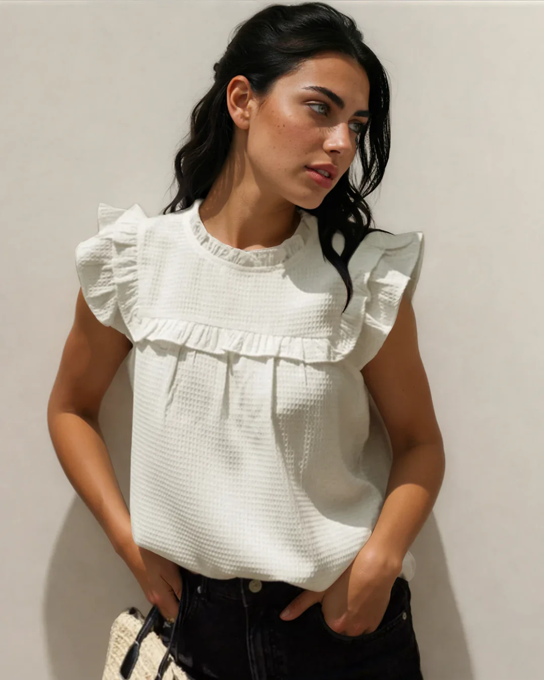 Clover Ruffle Trim Waffle Textured Blouse - Image 2