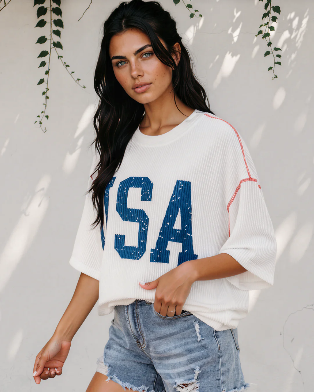 All American USA Graphic Half Sleeve Loose Ribbed Top - White - Image 3