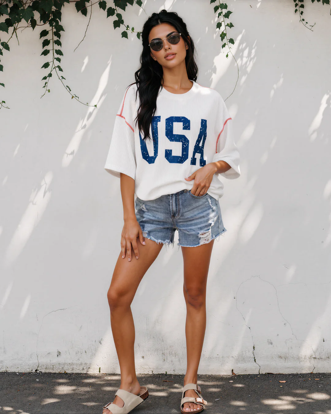 All American USA Graphic Half Sleeve Loose Ribbed Top - White - Image 5