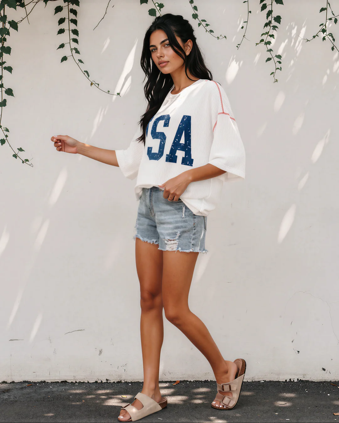 All American USA Graphic Half Sleeve Loose Ribbed Top - White - Image 6