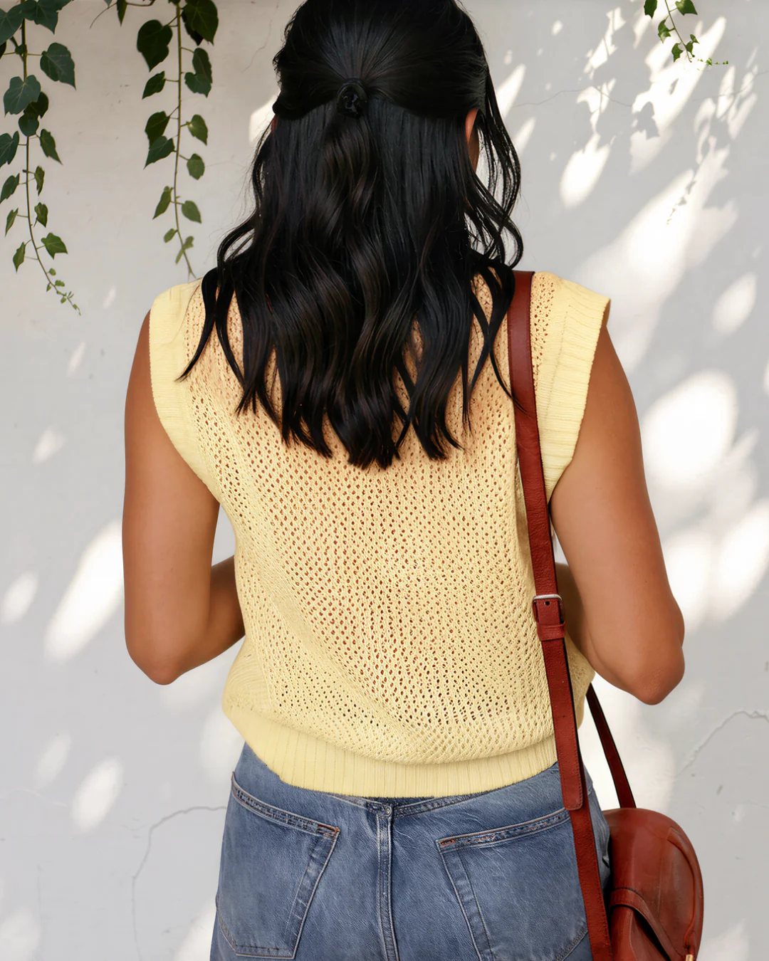 Brielle Hollowed Knit Round Neck Sweater Vest - Yellow - Image 4